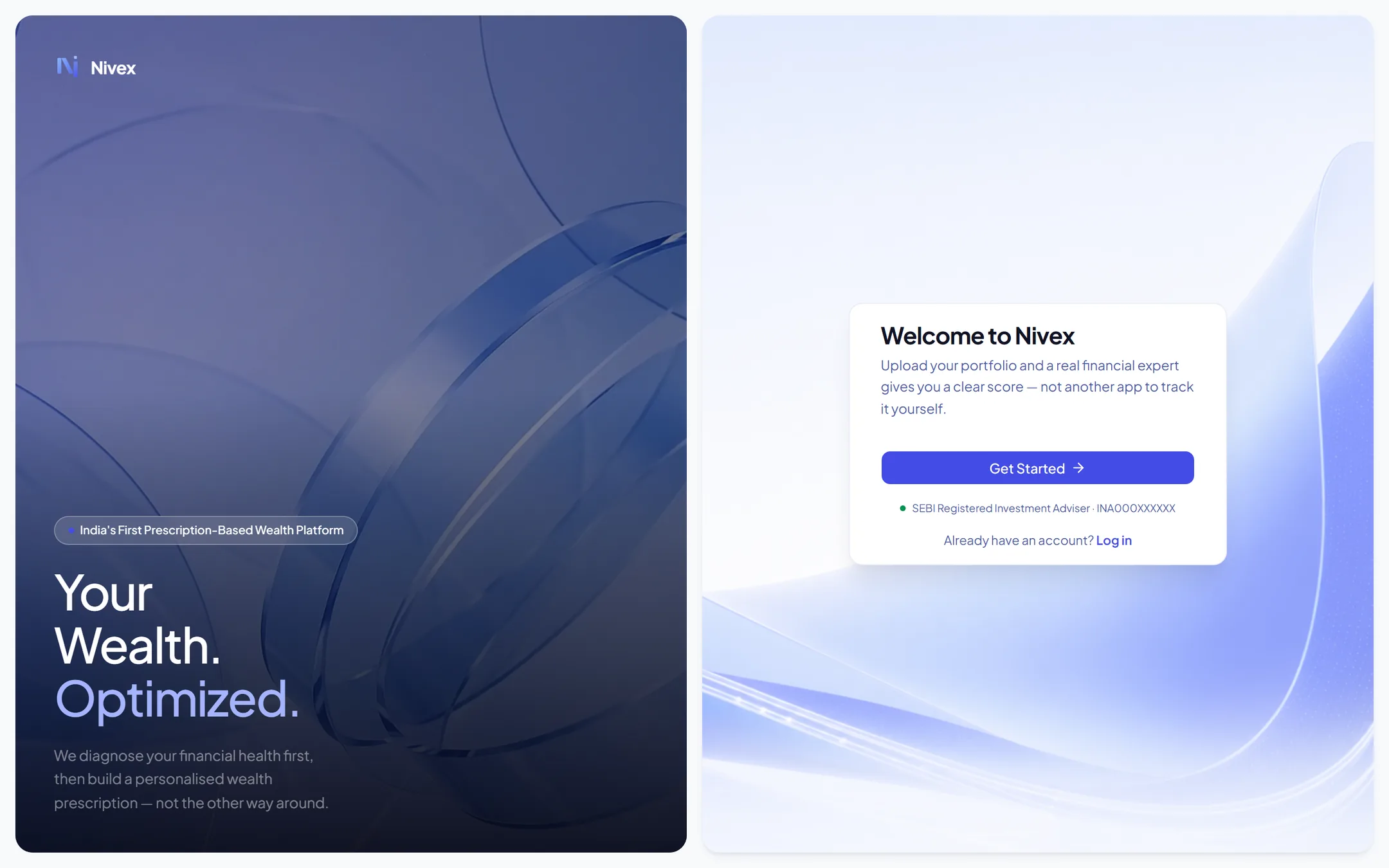 The Nivex entry screen: a restrained split layout with a single primary action