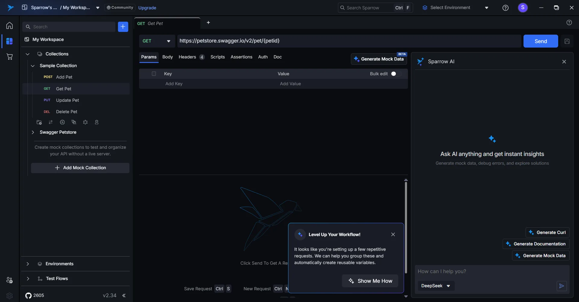 Sparrow's request surface: collection tree, request tabs, response pane and an AI panel