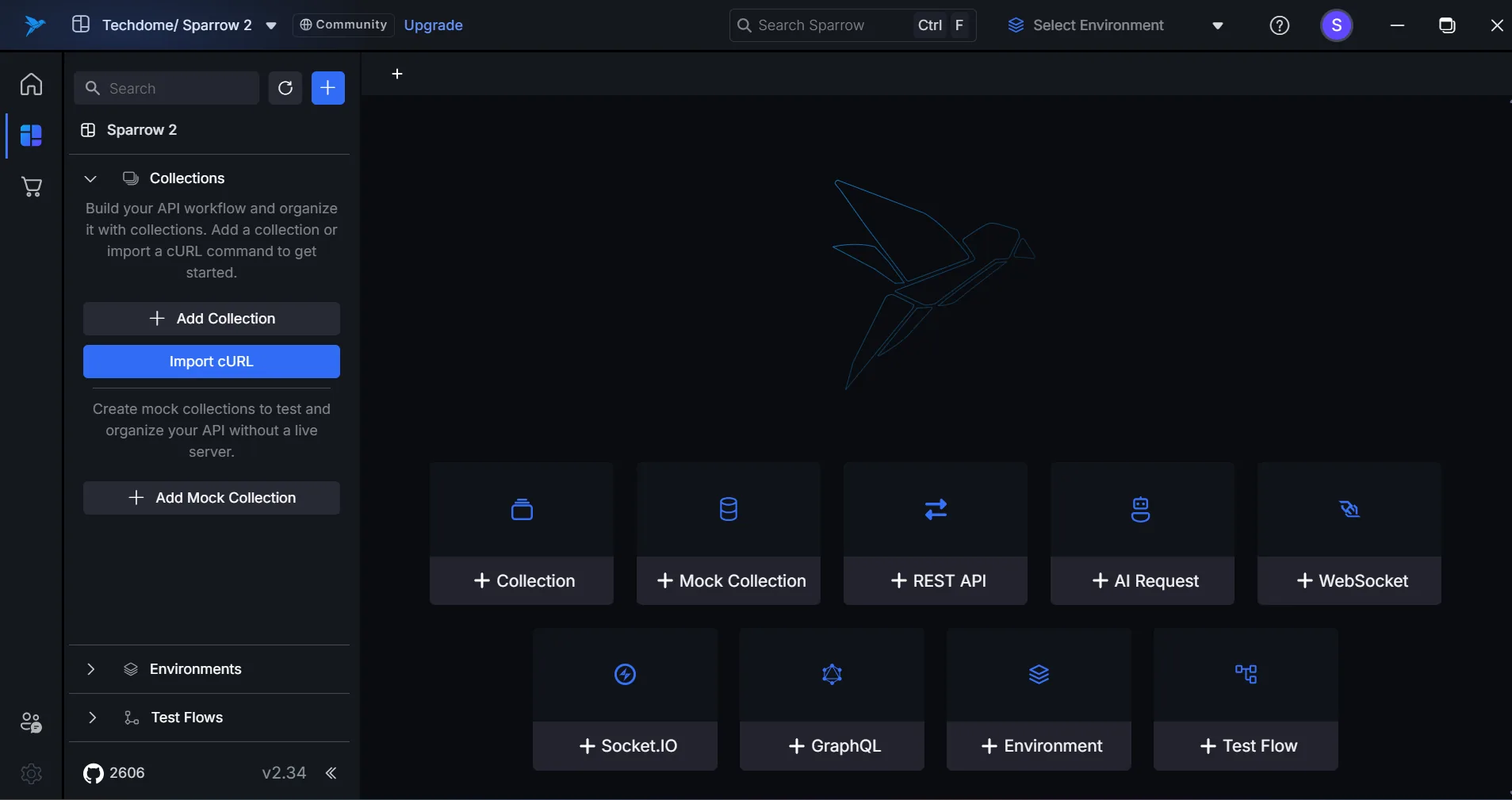 A Sparrow workspace: collection tree on the left, request in the centre, response below