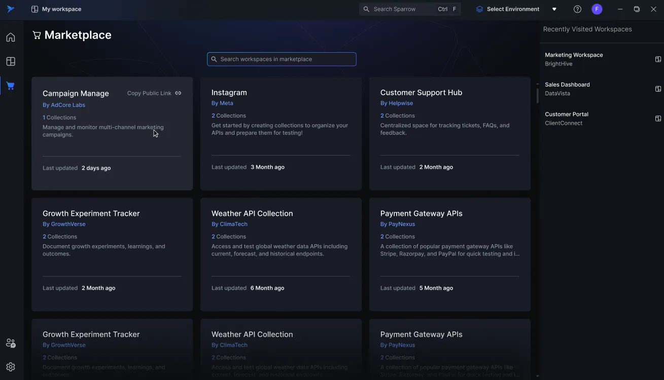 The Sparrow marketplace: a grid of public workspaces with collection counts, and recently visited workspaces alongside